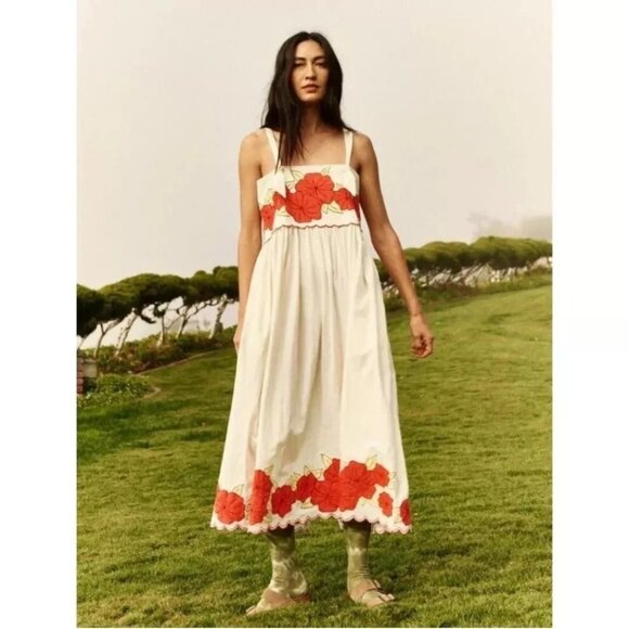 The Great. Applique Floral Horizon Midi Dress Embroidered Cotton S-1 NWT 279872 - Picture 1 of 6